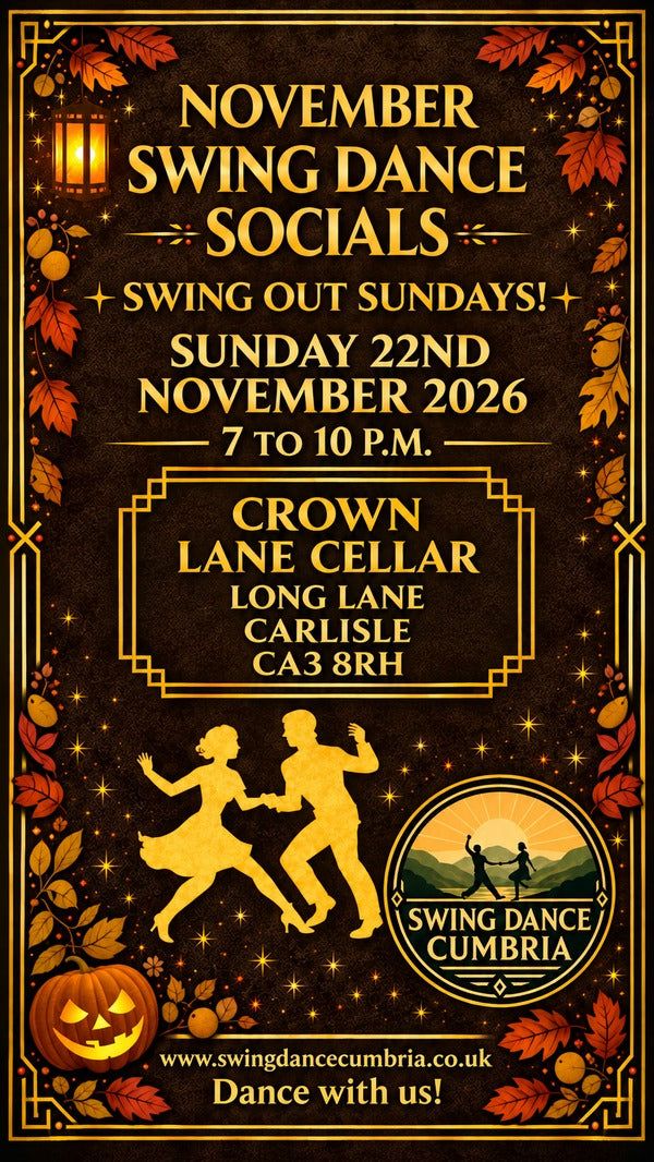 Promotional flyer for the November Swing Dance Socials, featuring a dark brown autumn-themed background with gold text, orange leaves, a jack-o'-lantern, and silhouettes of dancing couples. The flyer details the event on Sunday, 22nd November 2026 from 7 to 10 P.